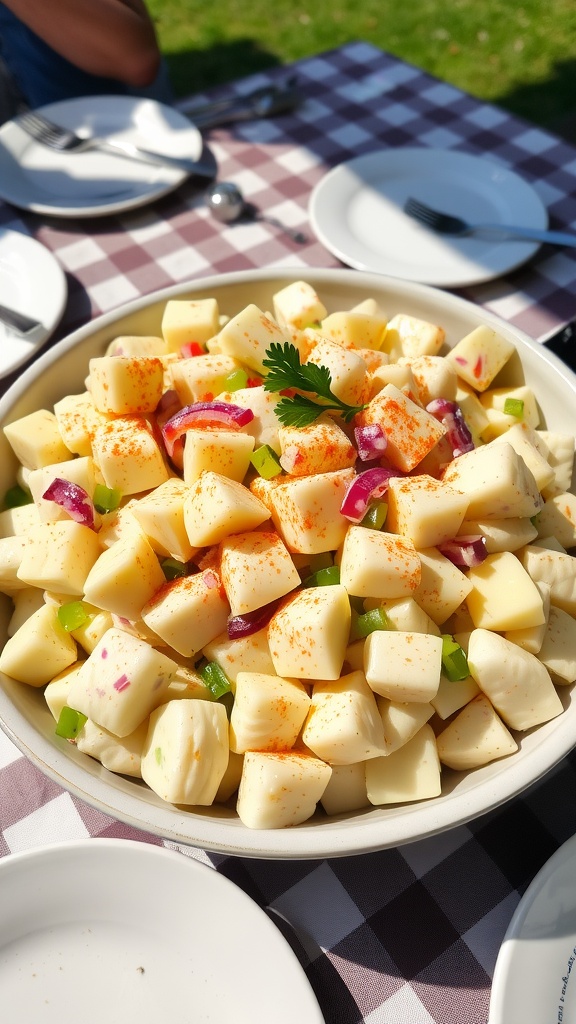 A close-up view of classic potato salad in a large bowl, garnished with paprika and parsley, ready to be served at a picnic.